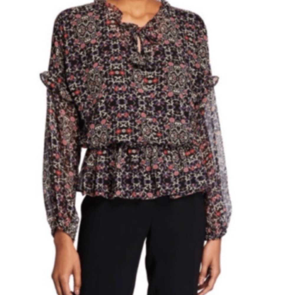 Misa Los Angeles Blouse Black Dark Floral Vera Ruffle Sheer Romantic Size XS New